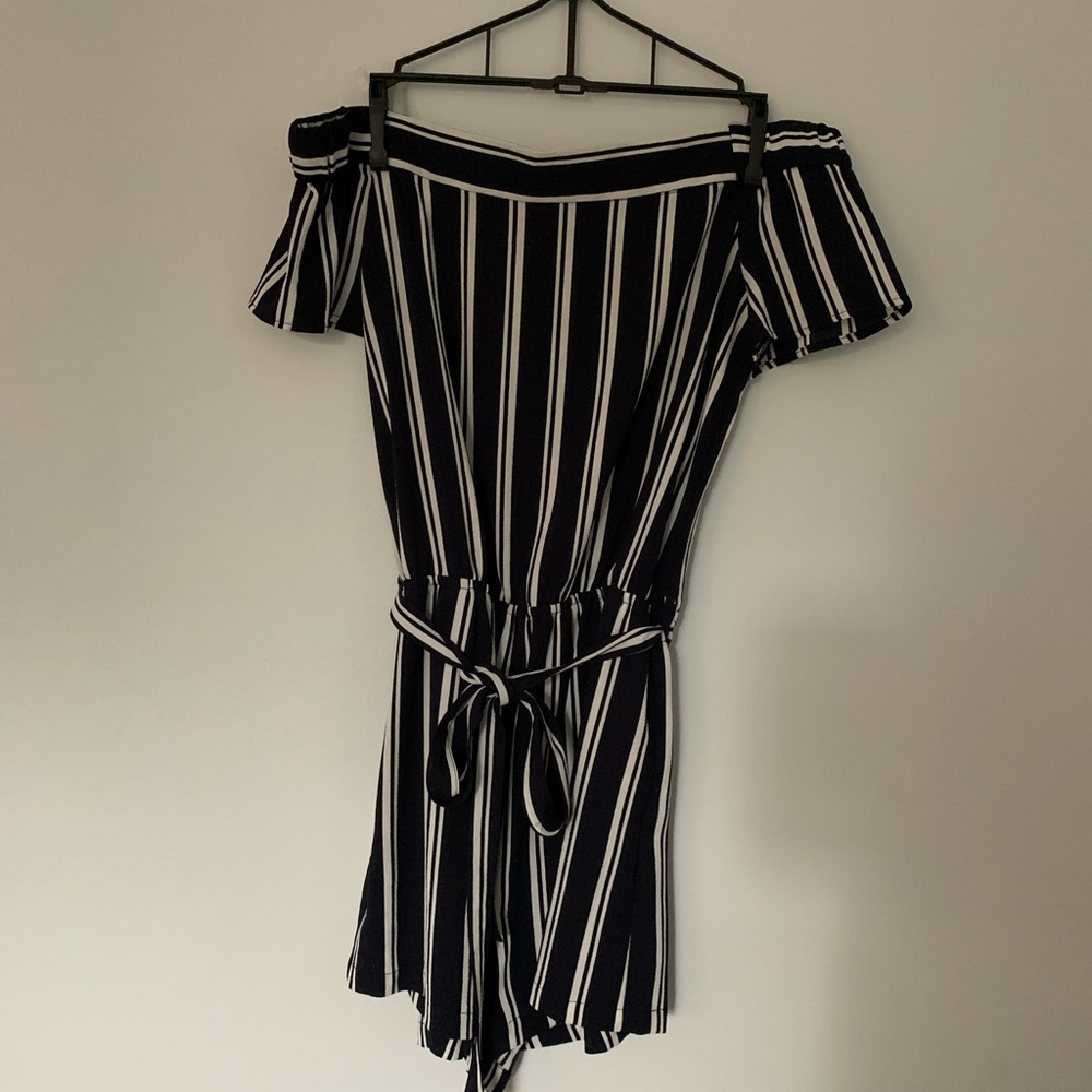 Navy blue and white striped romper